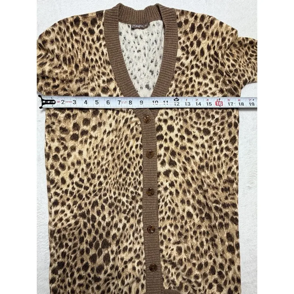 J.McLaughlin 100% Cashmere Cardigan Sweater XS Leopard Animal Print Long V-Neck